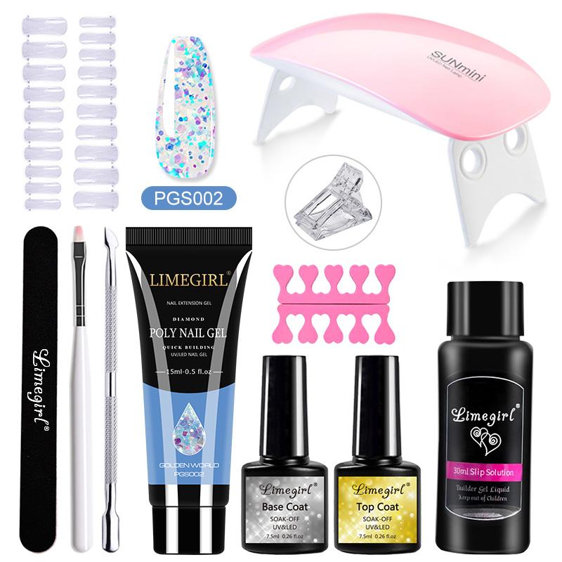 Набор полигелей для ногтей Limegirl Поли УФ-гель Прозрачный/Розовый акрил Быстро наращиваемый наращивание пальцев Набор инструментов для ногтей с отмачиваемым УФ-гелем-лаком