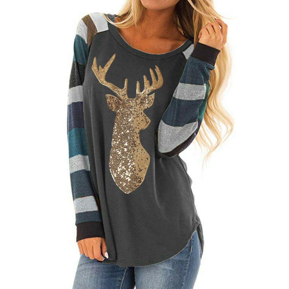 Soft Womens Christmas T-shirt Blouse With Chic Long Sleeves And Reindeer Motif