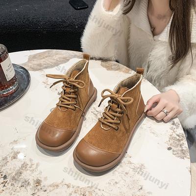 Женские ботинки 2024 осень/зима короткие ботинки ретро мягкая подошва круглый носок шнуровка нескользящие замшевые ботильоны с лоскутным узором