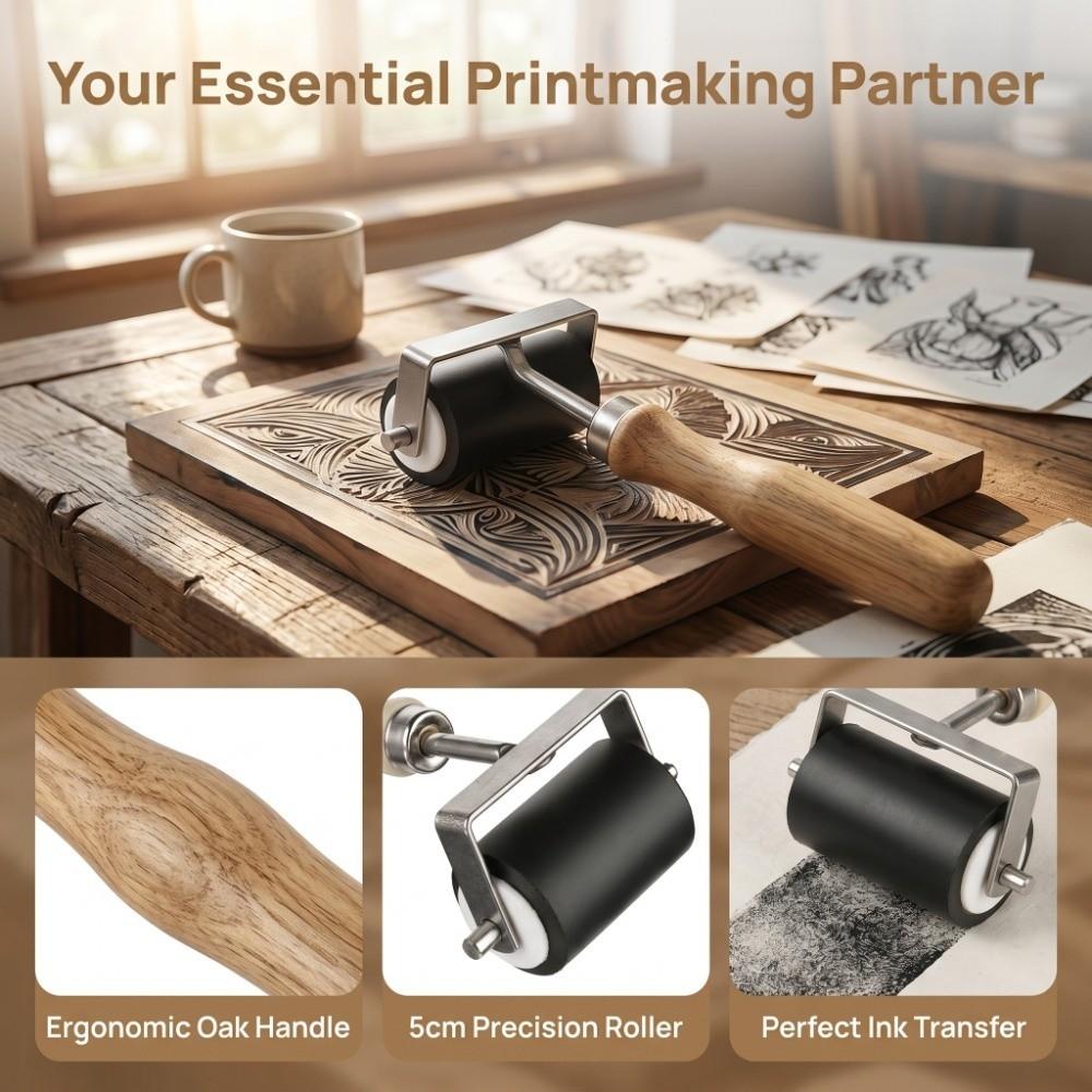 Wood Grip Ink Roller Elastic Rubber Art Ink Spreader Printmaking Rolling Tool Oil Painting Coating