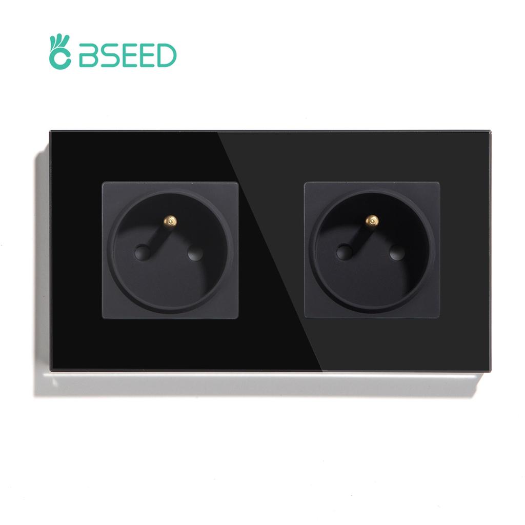 BSEED Стандарт Франции Одинарная розетка с заземлением Французский тип Двойная вилка с белой, черной, золотой панелью из хрустального стекла 16А 110В-250В