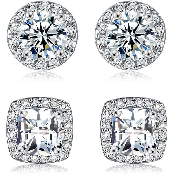 18K White Gold Plated Round Square Cubic Zirconia Simulated Diamond Halo Stud Earrings (2 Pairs)