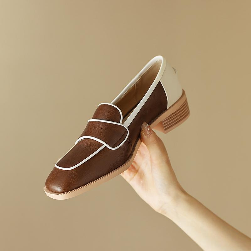 VANGULL Brand Women Spring Pumps Natural Leather 22-25cm Cowhide+sheepskin Square Toe Loafers Mixed Colors Thick Heels Womens Shoes