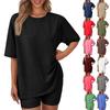 Women's Loose Fashion Solid Color Round Neck Short Sleeve Top Shorts Two Piece Set