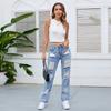 Vintage Blue Mid Waist Casual Jeans Women Stylish Hole Denim Pants for Women Elegant Solid Office Lady Ripped Jeans Female Clothing 24121