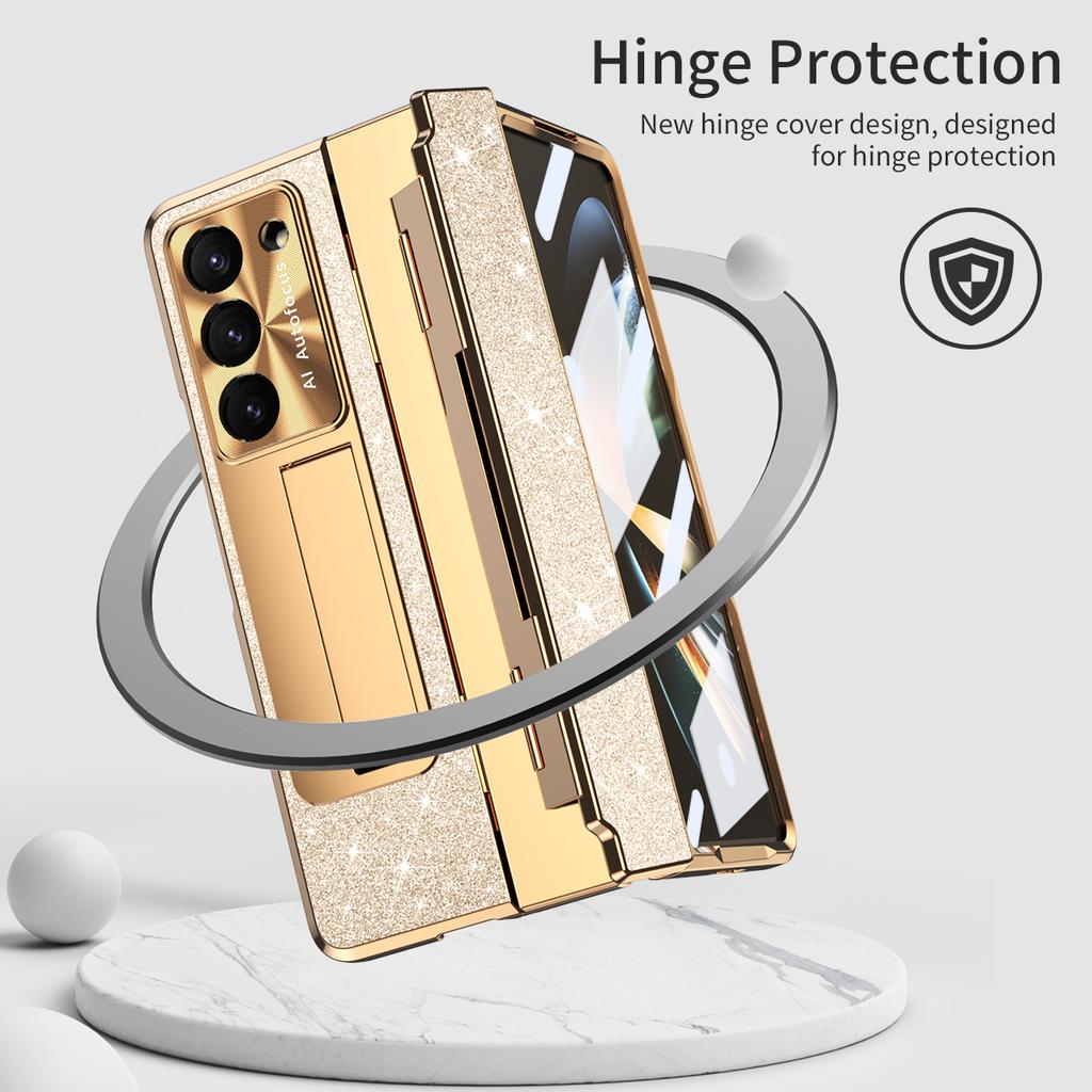 For Samsung Galaxy Z Fold 7 6 5 4 Z Fold 3 5G Case with Screen Protector Luxury Frosting One-Piece Plating Stand Cover Gold
