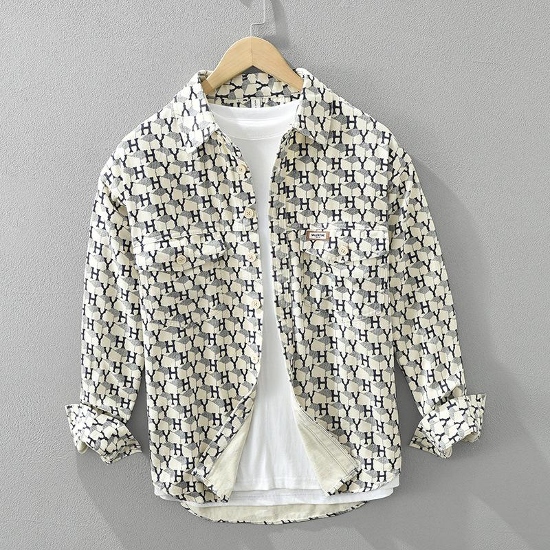 Новые модные мужские рубашки с длинным рукавом, весна и осень, уличная одежда, свободный верх, рубашки с двойными карманами и принтом, 100% хлопок, мягкая повседневная мужская одежда