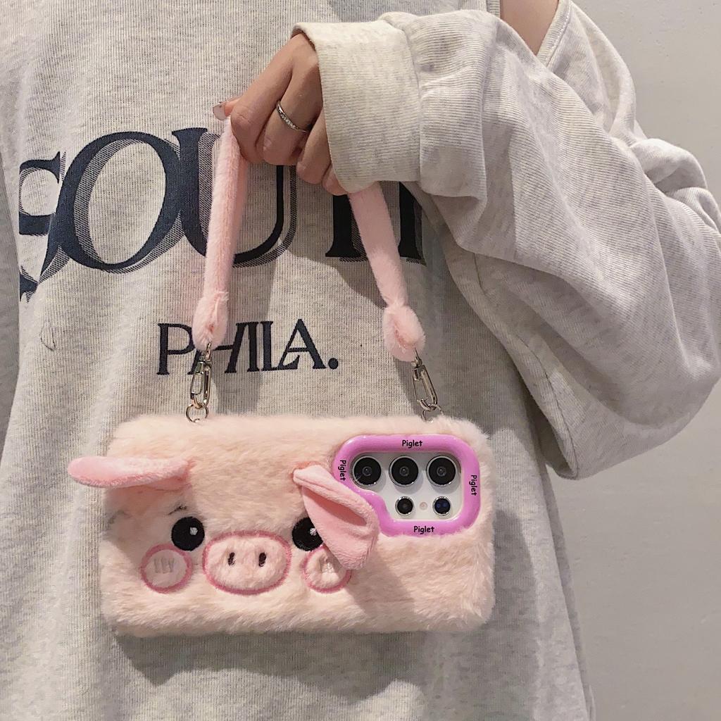 Case for 16 15 14 13 12 Pro max and SM Galaxy S25 21 22 23 24U ltra Plus A50S A35/A54 Cute 3D Pig Plush Winter Warm Furry Back Cover With Hand