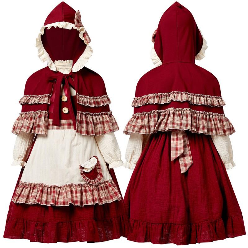 Halloween Little Red Riding Hood Costume Bow Wine Cape Fairy Tale Cosplay Women
