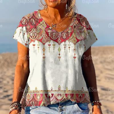 Женские футболки с v-образным вырезом, повседневный пуловер в национальном стиле, ретро-принт, футболка большого размера с короткими рукавами, женская летняя одежда 2024