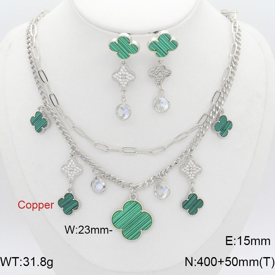 2PCS Fashion Double Necklace Earrings Copper Jewelry Set Stacked Clover Jewelry