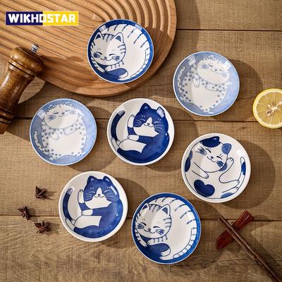 Керамическая тарелка для десертного соуса в японском стиле, посуда, креативная посуда с милым мультяшным рисунком «Счастливый кот», форма капли воды, тарелки для фруктов и суши