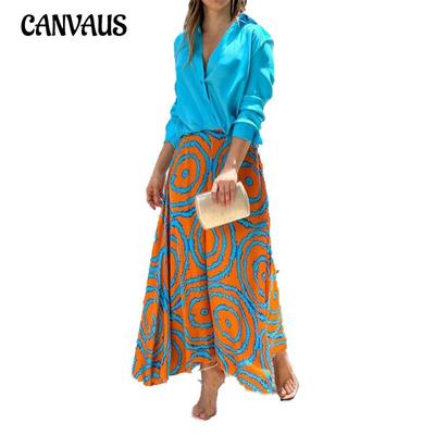 Весенне-осенний женский комплект с юбкой, однотонное длинное платье с v-образным вырезом и принтом, комплект из двух предметов с темпераментными лацканами