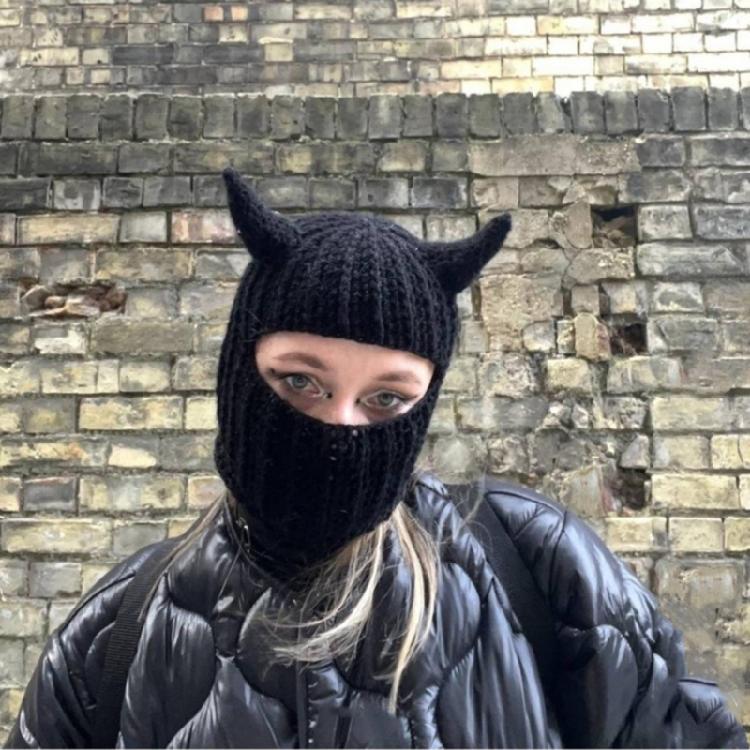 Вязаная Балаклава Шапка Взрослая Новинка Шапка-бини с Рожками Дьявола Модная Зимняя Шапка