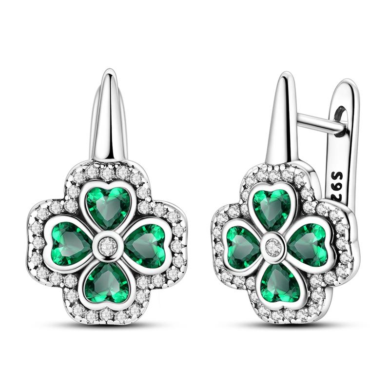 Original 925 Sterling Silver Green Four Clover French Hoop Earrings Rotstable Open Ring Set For Women Wedding Jewelry Gift