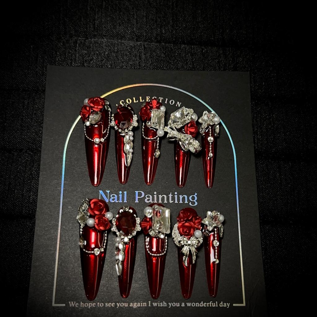 Роскошные накладные ногти ручной работы, длинные, миндалевидной формы, с французским кончиком, блестящие, искусственные ногти, дизайн с 3D стразами, акриловые ногти, многоразовые наклейки для женщин