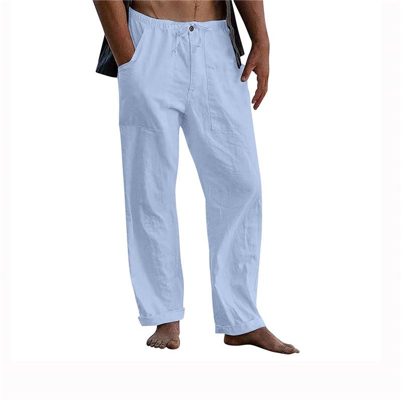 Мужские летние пляжные удобные дышащие свободные хлопковые льняные брюки для йоги, эластичные брюки на шнурке