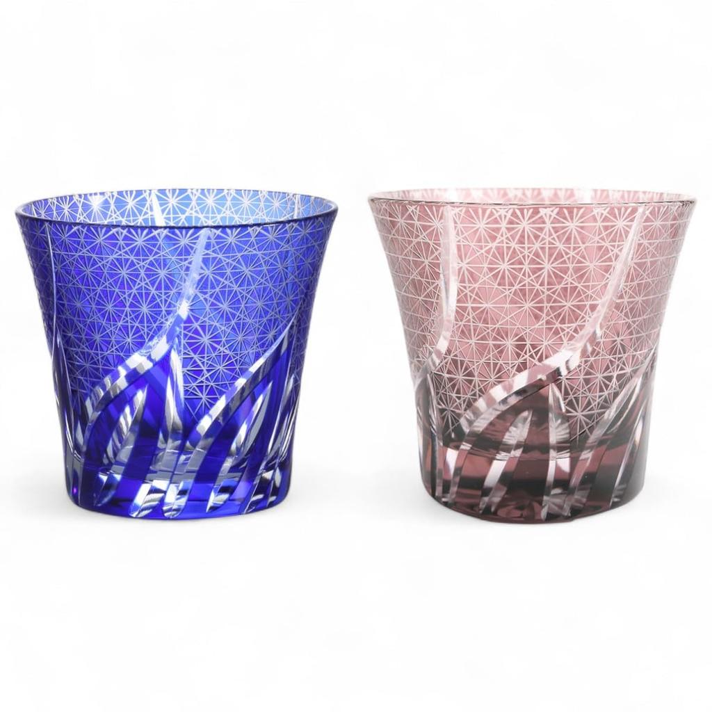 Mizukage Kiriko Pair of Ranbori Komon Blue Bishou J-kitchens Glasses, 94xH85mm, 240cc, (Small Pattern), & Purple, (Current Model)