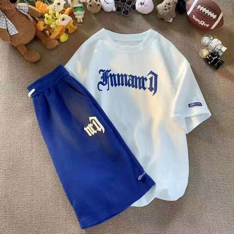 Летняя мужская футболка с коротким рукавом, дышащая вафельная футболка с коротким рукавом, молодежная футболка, нижняя часть рубашки, шорты, костюм