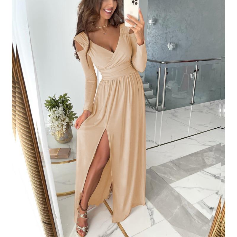 Осенне-зимнее новое женское платье с длинными рукавами и V-образным вырезом, однотонное, с открытым подолом