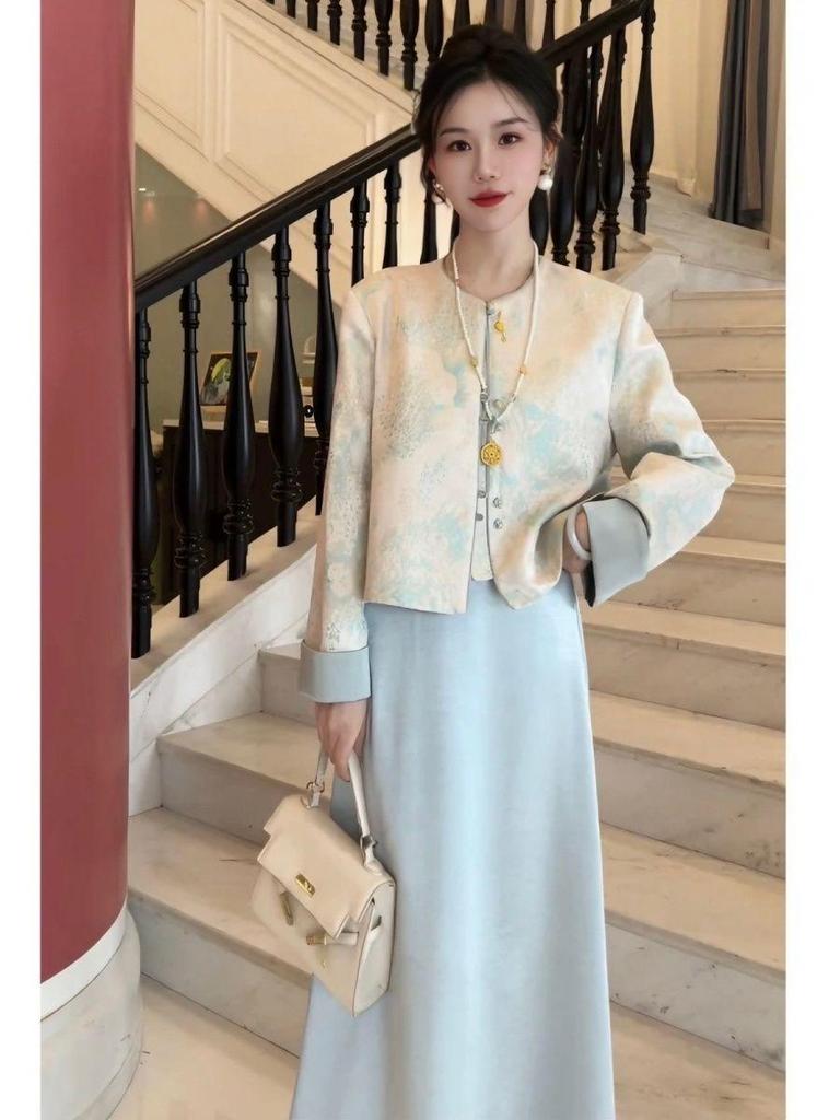 2025 Spring Women's Chinese Jacquard Frog Button Coat with Satin Midi Skirt Set