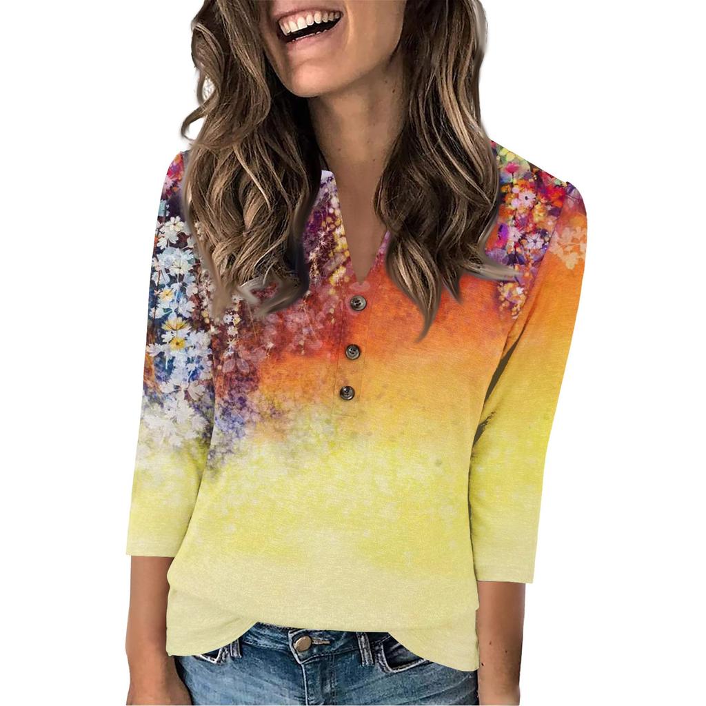 Women's Fashion Casual Loose 3/4 Sleeve Printed Round Neck Top