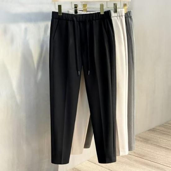 Men Suit Pants Drawstring Elastic Waist Straight Leg Solid Color Loose Formal Business Style Office Wear