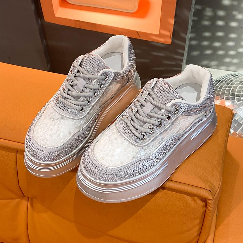 Модные Роскошные Женские Спортивные Туфли Летняя Сетка Высокий Каблук Платформа Шнуровка Водяной Бриллиант Кристалл Повседневная Рабочая Обувь Уличная Обувь для Бега