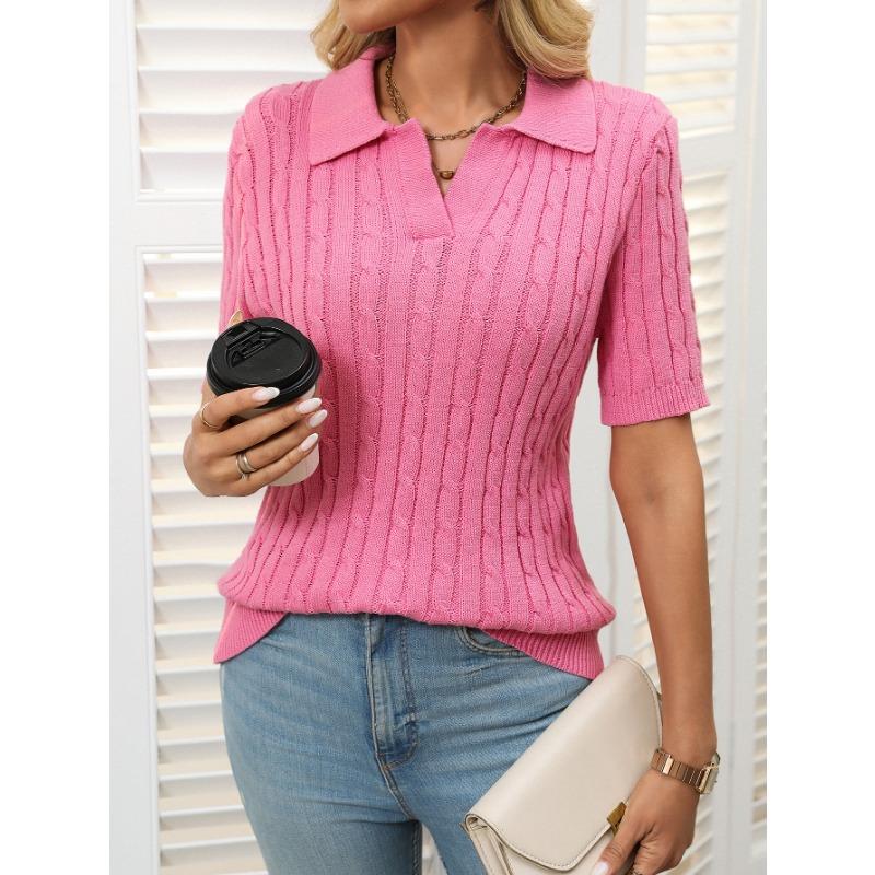 Women's Summer New Short-sleeved Lapel Stranded Jumper V-neck Knitted Pullover Tops