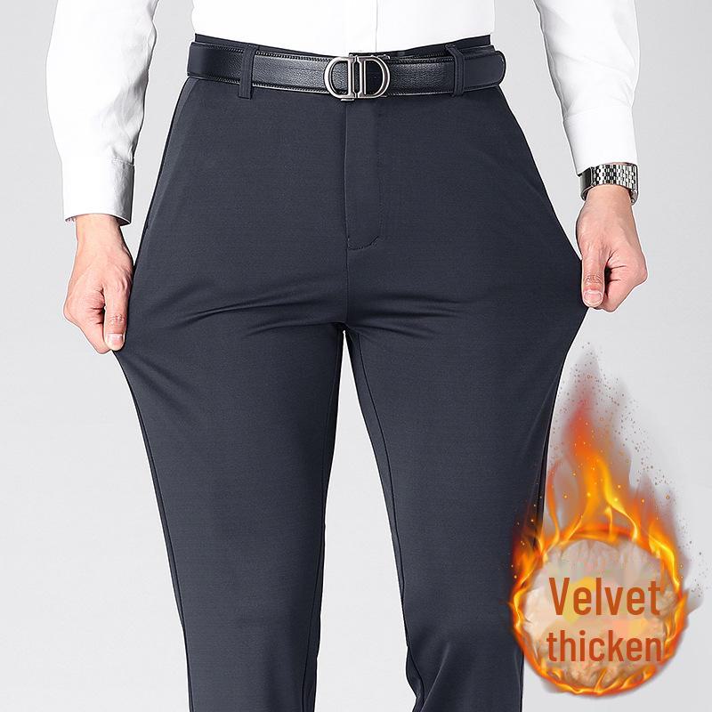 Men's Elastic Casual Thickened Formal Trousers for Autumn/Winter - Non-Iron, Loose, Straight Fit