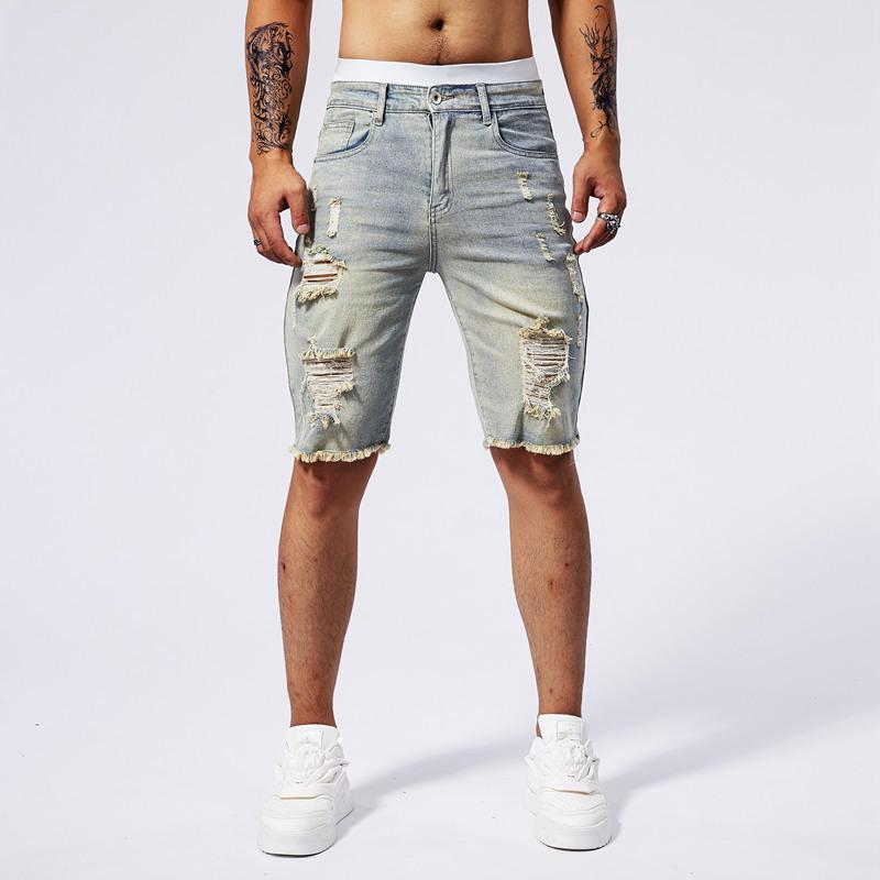 Men's Slim Fit Summer Denim Shorts with Distressed Five-Point Design