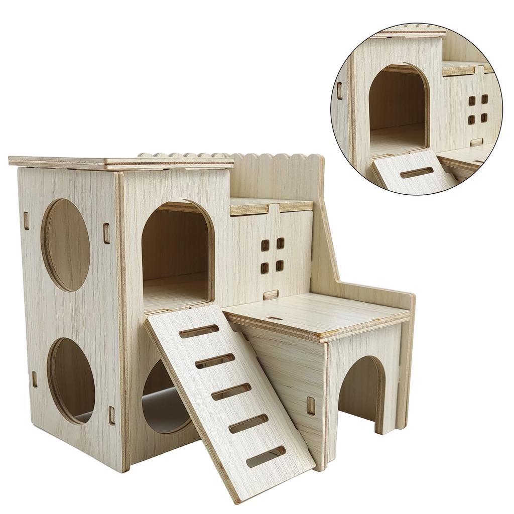 Wooden Hamster House Toy Bite Resistant Hamster Hideout House for Hamster Accessories Skipping Villa, 16x16x5cm