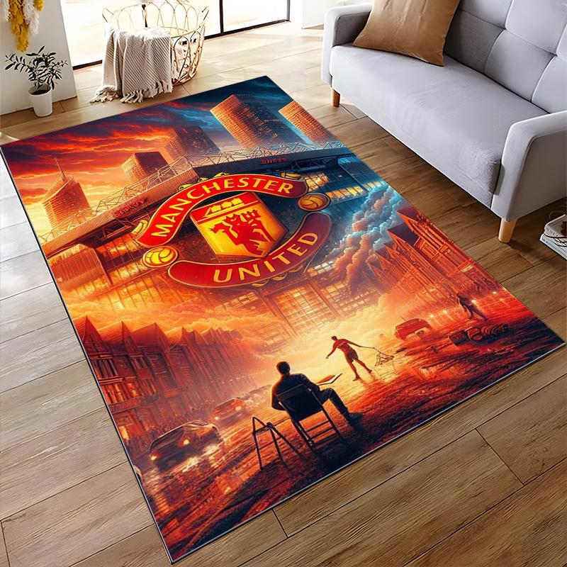 Manchester United Logo with Skyline Design Non-slip rug suitable for living room and bedroom sofas.