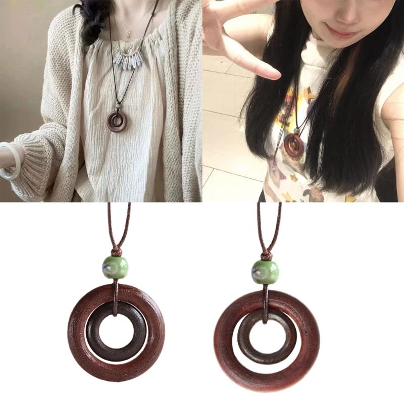 Деревянное Круглое Кольцо Подвеска Ожерелье Регулируемая Длинная Цепочка для Свитера Винтажное Ручной Работы Ожерелье-Ошейник Заявление Ювелирное Изделие