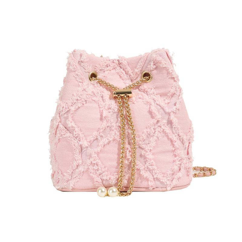 Ling Grid Chain Bucket Bag, Simple Crossbody Bag, Women's Trendy Drawstring Tassel Shoulder Bag
