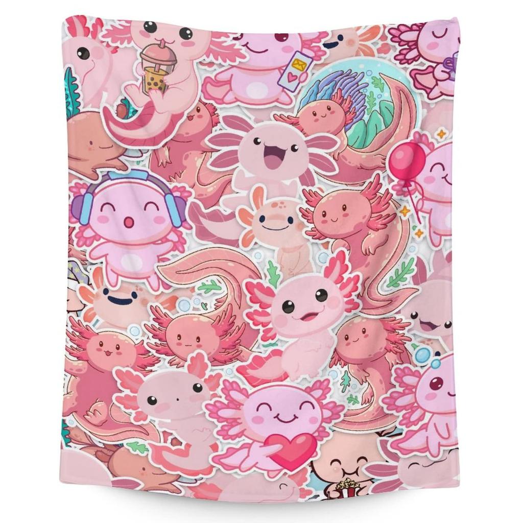 Cartoon Axolotl Blanket Kawaii Ocean Animal Throw Blankets for All Season Seaweed Aquarium Soft Flannel Sofa Blanket for Kids