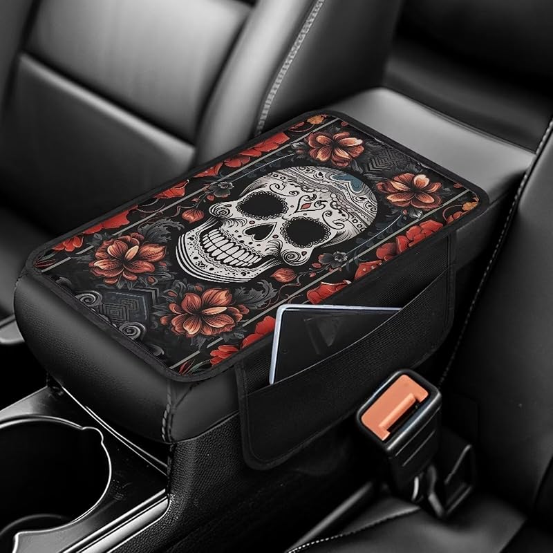 Чехол на центральную консоль автомобиля с принтом черепа, нескользящий чехол на подлокотник для автомобиля, универсальные защитные чехлы для подлокотников, подходят для автомобилей, внедорожников, декоративные чехлы для автомобилей