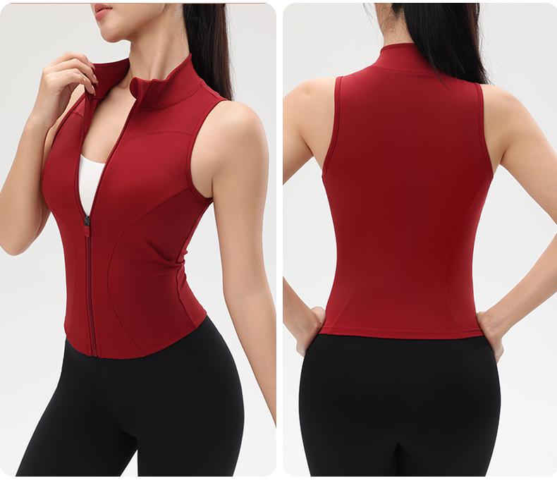 Топ для йоги телесного цвета на молнии, амортизирующий, для женщин - Приталенный, без рукавов, со стойкой воротником, для летних видов спорта на открытом воздухе.