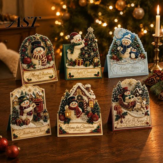 Unique Handmade Festival Gifts DIY Christmas Card Kit, 3D Pop-Up Faux Pearl Art Snowman Craft Set Santa Elk Wreath Card, Xmas for Family And