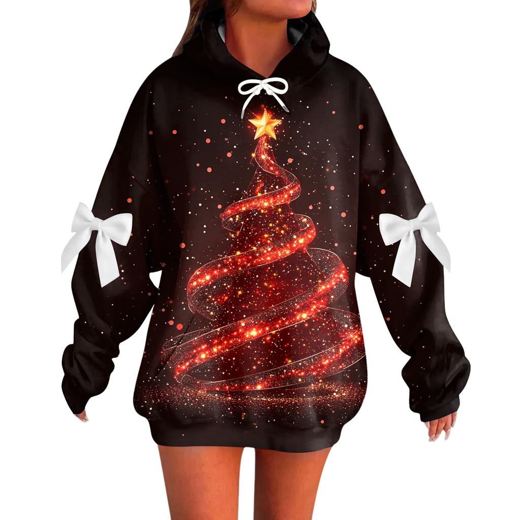 Женский рождественский с принтом банта, с длинными рукавами, свободного кроя, повязка на голову с веревкой, худи-топ с капюшоном