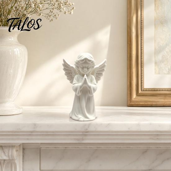 Talos 3D-печатная статуэтка молящегося ангела, элегантная матово-белая фигурка херувима с детализированными крыльями, прочный минималистичный орнамент для декора гостиной и