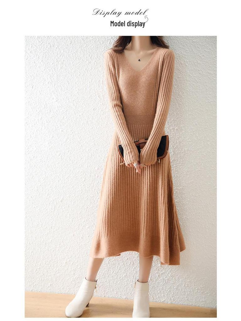 Women's Pure Wool V-Neck Ribbed Knit Dress: Slim, A-Line, Warm Autumn/Winter Sweater Skirt.