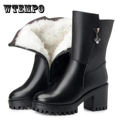 Зимние нескользящие хлопковые сапоги, женские теплые ботинки на среднем каблуке, бархатная обувь с подкладкой, кожаная обувь на толстой подошве