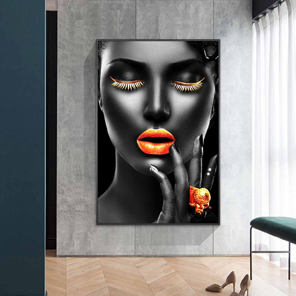 Black Girls Makeup Canvas Art Posters And Prints Sexy Golden Lips Canvas Paintings On the Wall African Art Pictures Home Decor