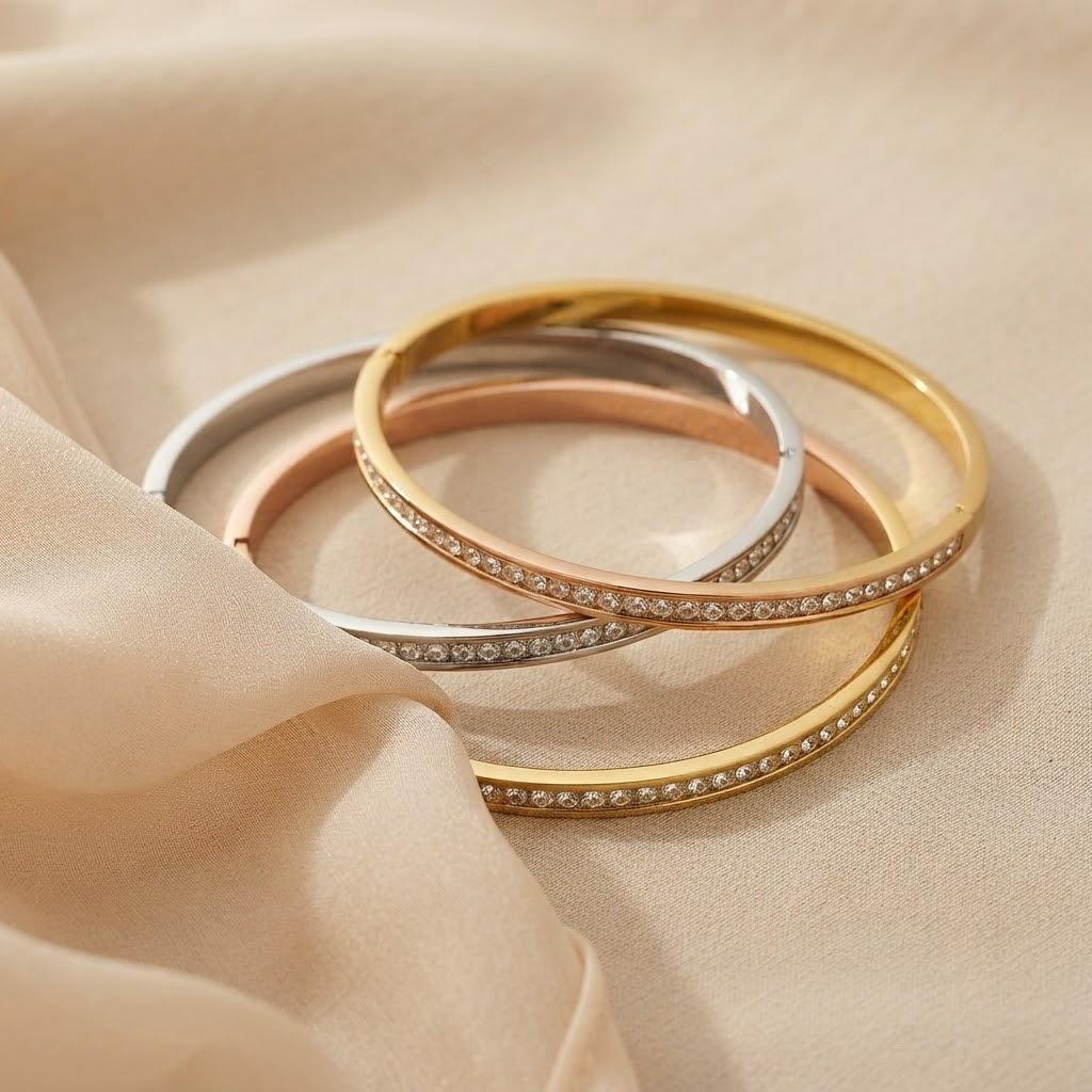Premium Trendy Princess Cut Stone Stainless Steel Bangle Elegant Accessory Perfect for Parties