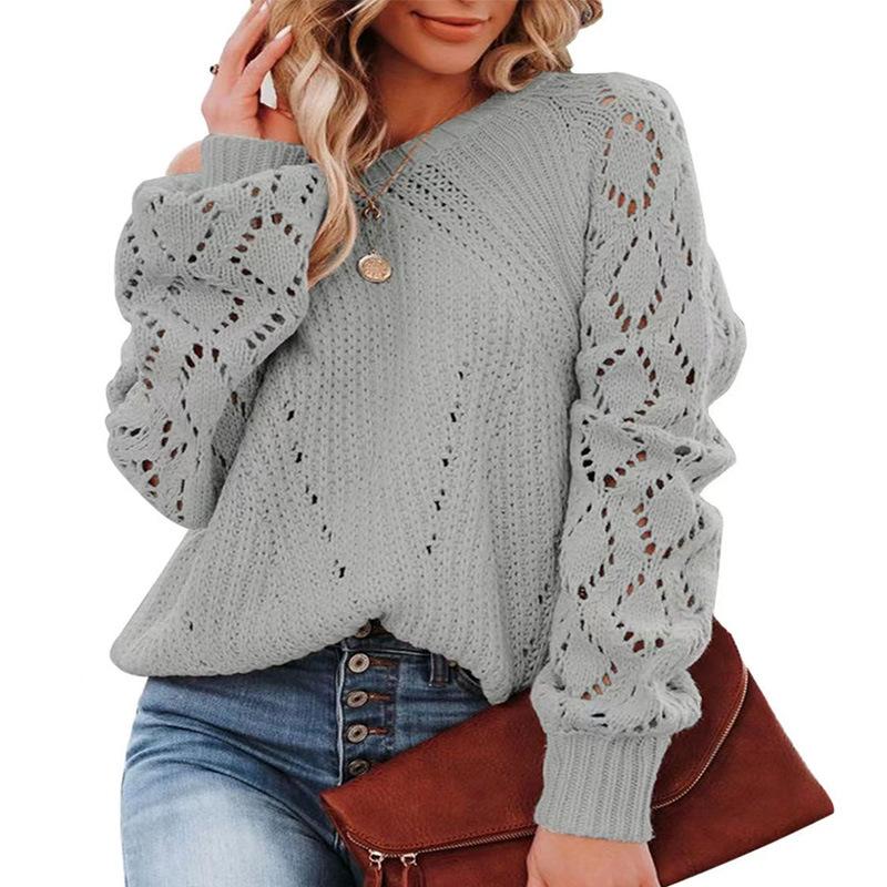 Solid Color Loose Top Women's Plus Size Autumn and Winter Hollow Floral Round Neck Sweater
