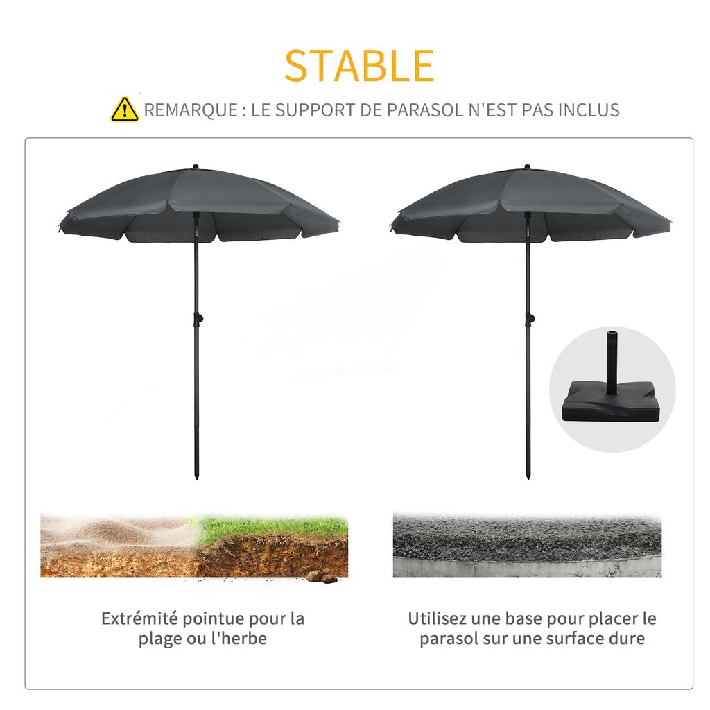 Tilting Beach Parasol UV 50+ Protection with 8 Fibreglass Ribs diameter 180 cm Dark Grey