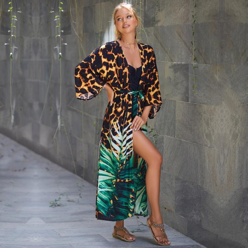 EDOLYNSA Зеленый купальник с леопардовым принтом, накидка в винтажную полоску с поясом, женское летнее длинное платье-кимоно, пляжное бикини, накидка Q1521