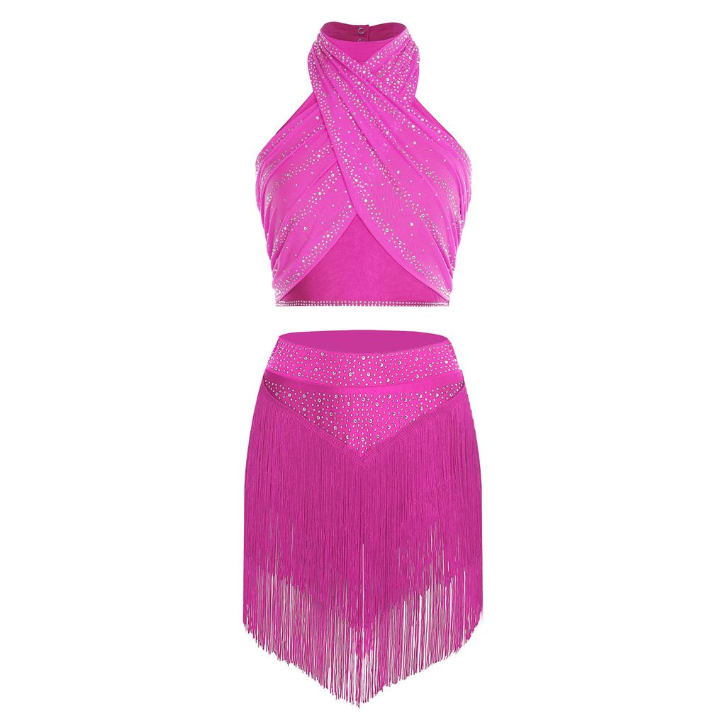 Womens Chacha Salsa Dance Outfit Halter Sleeveless Backless Shiny Ruched Crop Top Tiered Tassels Skirt Built In Shorts