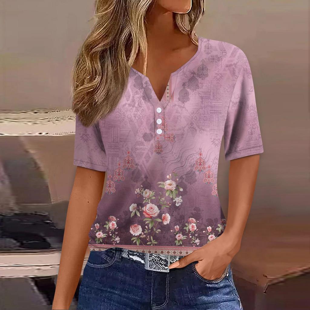 Women's T Shirt Tee Print Button Short Sleeve Daily Weekend Fashion Basic V- Neck Regular Top